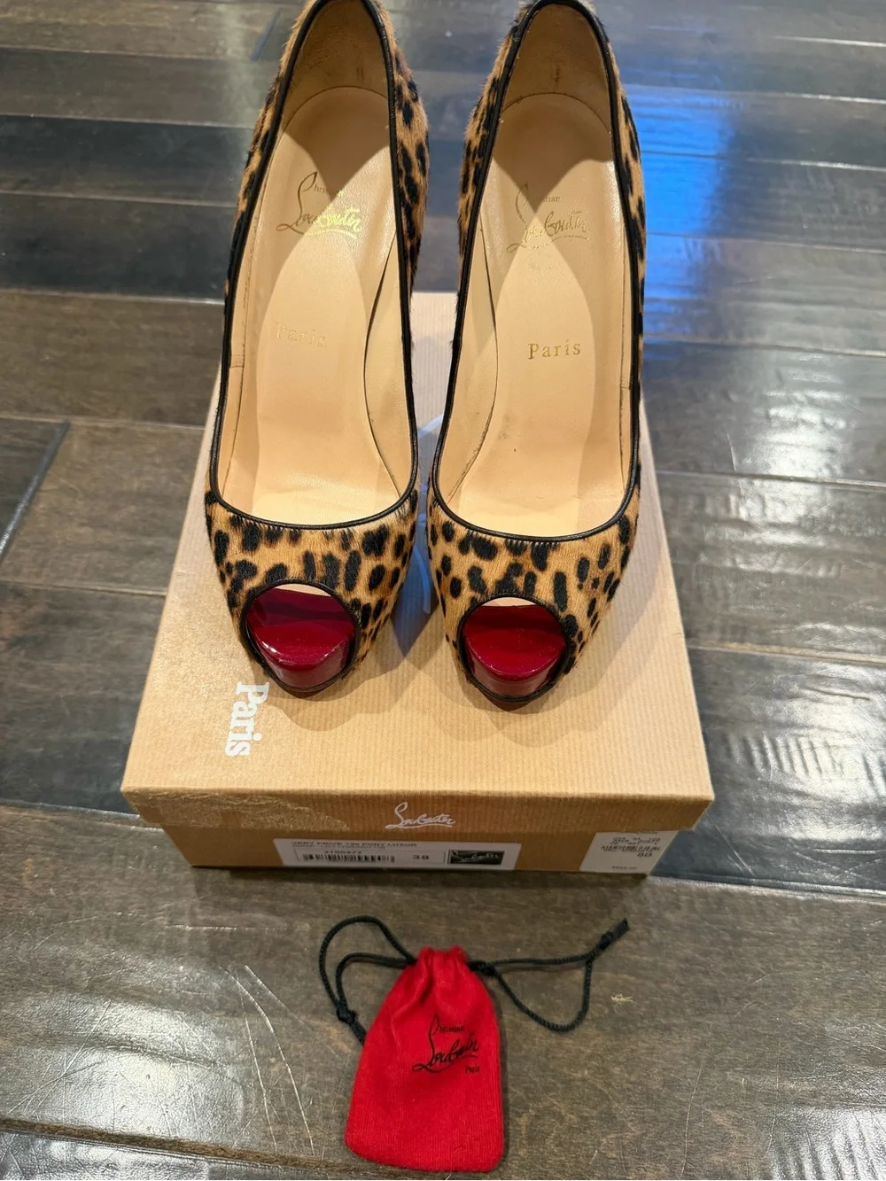 Christian Louboutin Leopard Print Peep-Toe Pumps with Red Accents